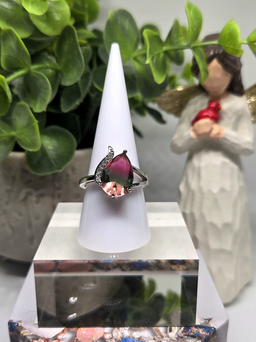 Elegant Silver-Tone Teardrop Watermelon Ring in Pink and Green